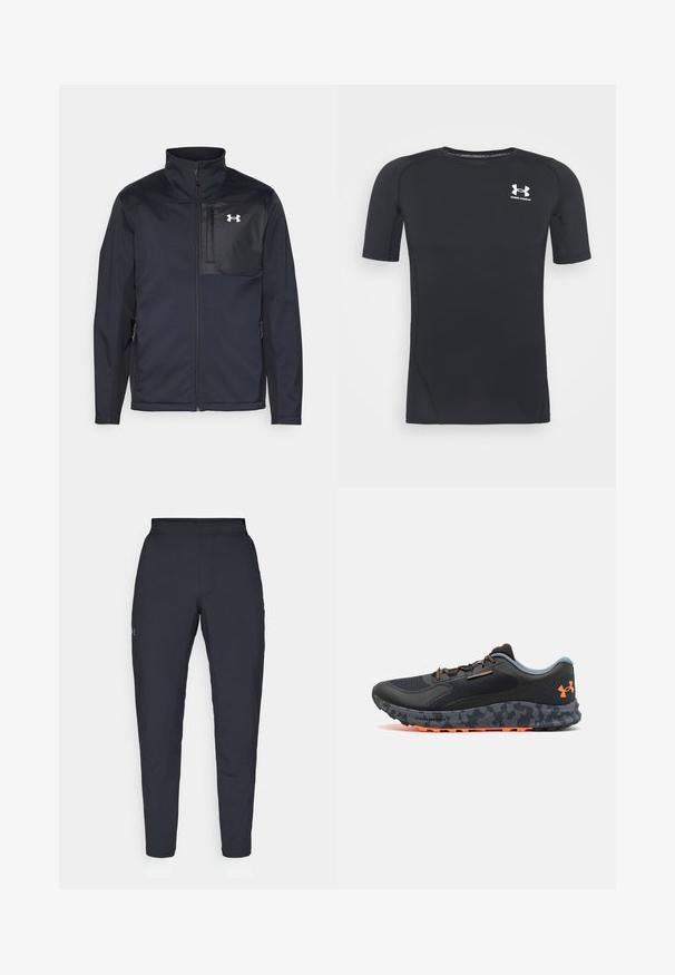 Melna ilga piedurkne jaka ar augstu apkakli, ar priekšējo rāvējslēdzēju, sānu kabatām un kontrastējošu melnu krūšu paneli ar logo.; Melnas īsās piedurknes sporta krekliņš izgatavots no mitrumu absorbējoša, elastīga auduma. Tam ir apaļa kakla izgriezuma forma un neliels balts logo krūšu rajonā.; Melnas sporta bikses ar gludu tekstūru, šauru piegriezumu, elastīgu jostu un sānu kabatām. Uz kreisā augšstilba ir mazs logs.; Melna sporta kurpe ar teksturētu virsu, pelēkiem akcentiem, oranžiem sīktēliem, armijas kamuflāžas raksta zoli un šņores sistēmu drošai piegulšanai.