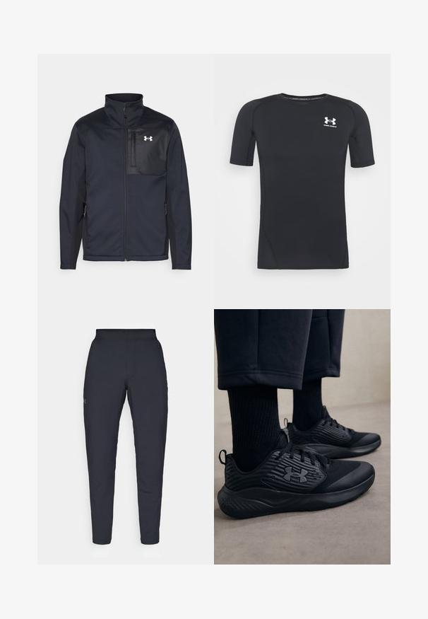 Čierna bunda s dlhým rukávom a vysokým golierom, vybavená predným zipsom, bočnými vreckami a kontrastným čiernym panelom na hrudi s logom.; Čierne športové tričko s krátkym rukávom z látky, ktorá odvádza vlhkosť a je elastická. Má okrúhly výstrih a malú bielu nášivku na hrudi.; Čierne športové nohavice s hladkým povrchom, priliehavým strihom, elastickým pásom a bočnými vreckami. Obsahujú malé logo na ľavom stehne.; Osoba v čiernych atletických teniskách s textúrovanými bokmi a logom, v doplnku s čiernymi ponožkami a skrátenými nohavicami na svetlej podlahe.