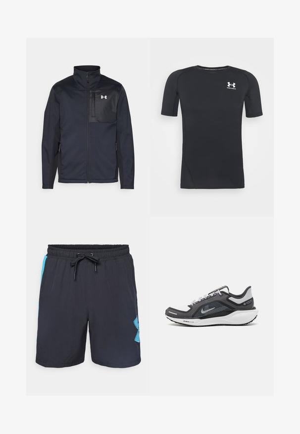 Melna ilga piedurkne jaka ar augstu apkakli, ar priekšējo rāvējslēdzēju, sānu kabatām un kontrastējošu melnu krūšu paneli ar logo.; Melnas īsās piedurknes sporta krekliņš izgatavots no mitrumu absorbējoša, elastīga auduma. Tam ir apaļa kakla izgriezuma forma un neliels balts logo krūšu rajonā.; Melni sporta šorti ar elastīgu jostu, sarežģītu slēgšanu, sānu zilām paneļiem un izteiktu gaiši zilu logotipu labajā kājā.; Melnas un pelēkas sporta kurpes ar tīklu augšdaļu, atstarojošiem akcentiem un baltu starpzoli. Aprīkotas ar teksturētu gumijas zoli un šņorēm.