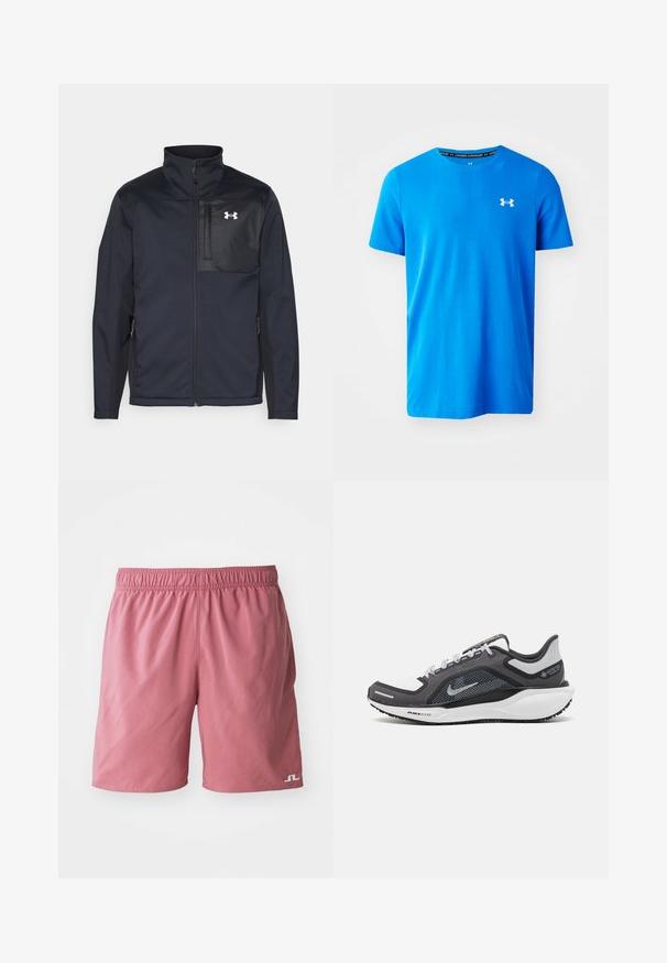 Casaco preto de mangas longas com gola alta, apresentando um fecho frontal, bolsos laterais e um painel peitoral preto em contraste com um logótipo.; T-shirt azul de mangas curtas, feito de tecido respirável, com um padrão texturizado subtil e um logo branco da Under Armour no peito.; Calções de banho cor-de-rosa com uma cintura elástica, textura suave e um pequeno logotipo branco na parte inferior da perna esquerda.; Sapatilha atlética preta e cinza com parte superior em malha, detalhes reflexivos e uma entressola branca. Apresenta uma sola de borracha texturizada e atacadores.