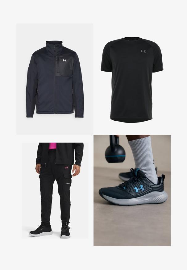 Zwarte lange mouwen jas met een hoge kraag, voorzien van een ritssluiting aan de voorkant, zijzakken en een contrasterend zwart borstpaneel met een logo.; Zwart sportshirt met korte mouwen, gemaakt van glad, lichtgewicht stof. Heeft een ronde halslijn en een discrete logo op de borst.; Zwarte cargobroek met elastische boorden, meerdere zakken en een roze Under Armour-logo op de dij. Draagt een paar zwarte sportschoenen.; Zwarte sportschoen met blauwe accenten, gestructureerde bovenkant en grijze zool. Draagt met grijze geribbelde sokken, naast een zwarte kettlebell.