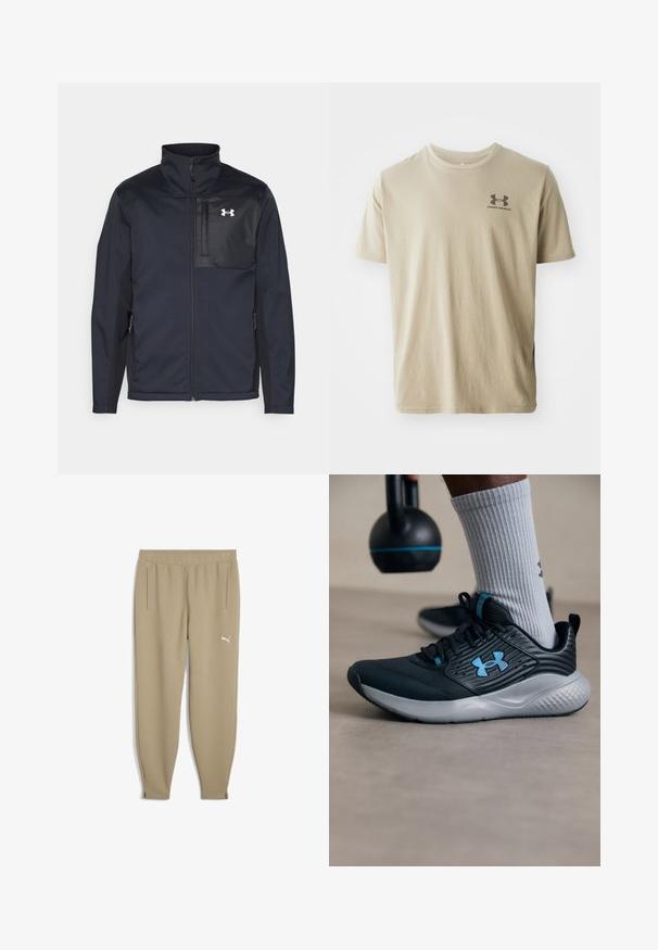 Črna jakna z dolgimi rokavi in visokim ovratnikom, z zadrgo spredaj, stranskimi žepi in kontrastnim črnim panelom na prsih z logotipom.; Bežna bombažna majica s kratkimi rokavi in okroglim izrezom. Na zgornji levi strani prsnega dela se nahaja črn logotip "Under Armour". Gladka tekstura.; Puma STUDIO TEXTURE - Spodnji deli trenirk - oak branch; Črne atletske čevlje z modrimi detajli, teksturirano zgornjo plastjo in sivo podplato. Obuti z sivimi rebrastimi nogavicami, ob črnem kettlebellu.