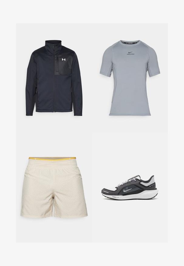 Melna ilga piedurkne jaka ar augstu apkakli, ar priekšējo rāvējslēdzēju, sānu kabatām un kontrastējošu melnu krūšu paneli ar logo.; Pelēks īsām piedurknēm sporta krekls, izgatavots no gludas, elastīgas auduma. Iespējamā apaļa kakla izgriezums un melnais Nike Pro logo krūšu daļā.; Beige sporta šorti ar perforētu tekstūru, dzeltenu jostu, elastīgu materiālu un taisnu griezumu. Piemēroti aktīvai valkāšanai.; Melnas un pelēkas sporta kurpes ar tīklu augšdaļu, atstarojošiem akcentiem un baltu starpzoli. Aprīkotas ar teksturētu gumijas zoli un šņorēm.