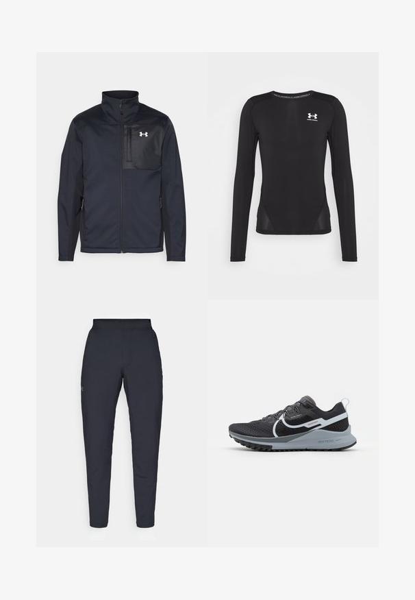 Černá bunda s dlouhými rukávy a vysokým límcem, která má přední zip, boční kapsy a kontrastní černou hrudní část s logem.; Černé dlouhé sportovní tričko s dlouhým rukávem vyrobené z hladkého, lehkého materiálu. Má přiléhavý střih a síťované boční panely. Logo Under Armour na hrudi.; Černé sportovní kalhoty s hladkou texturou, slim fit, elastickým pasem a bočními kapsami. Na levém stehně je umístěno malé logo.; Nike Performance REACT PEGASUS TRAIL 4 - Běžecké boty do terénu - black/aura/dark grey/wolf grey