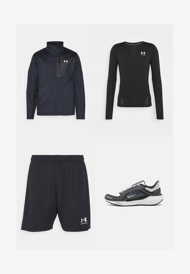 Hosszú ujjú fekete dzseki magas gallérral, elülső cipzárral, oldalsó zsebekkel és kontrasztos fekete mellpanellel, amely logót tartalmaz.; Fekete, hosszú ujjú sportpóló, sima, könnyű anyagból készült. Fitt szabású, hálós oldalsó panelekkel rendelkezik. Az Under Armour logó a mellkason található.; Fekete sportnadrág sima anyagból, rugalmas derékkal. Ezüst színű logóval a jobb alsó oldalon.; Fekete és szürke sportcipő, hálós felsőrésszel, fényvisszaverő részletekkel és fehér középtalppal. A talpa texturált gumiból készült, és fűzőkkel rendelkezik.