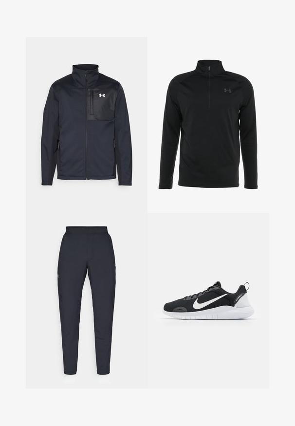 Crna jakna dugih rukava s visokim ovratnikom, koja ima prednji patentni zatvarač, bočne džepove i kontrastnu crnu ploču na prsima s logotipom.; Crni pulover dugih rukava s polu-zip ovratnikom, izrađen od glatkog, rastezljivog materijala, s diskretnim logom na prsima.; Crne sportske hlače s glatkom teksturom, uskih krojeva, elastičnim pojasom i bočnim džepovima. Imaju mali logo na lijevom bedru.; Crne atletske cipele s mrežastim gornjim dijelom, bijelim Nike swoosh logom, teksturiranim detaljima i bijelim gumenim potplatima. Imaju petnu uzicu.