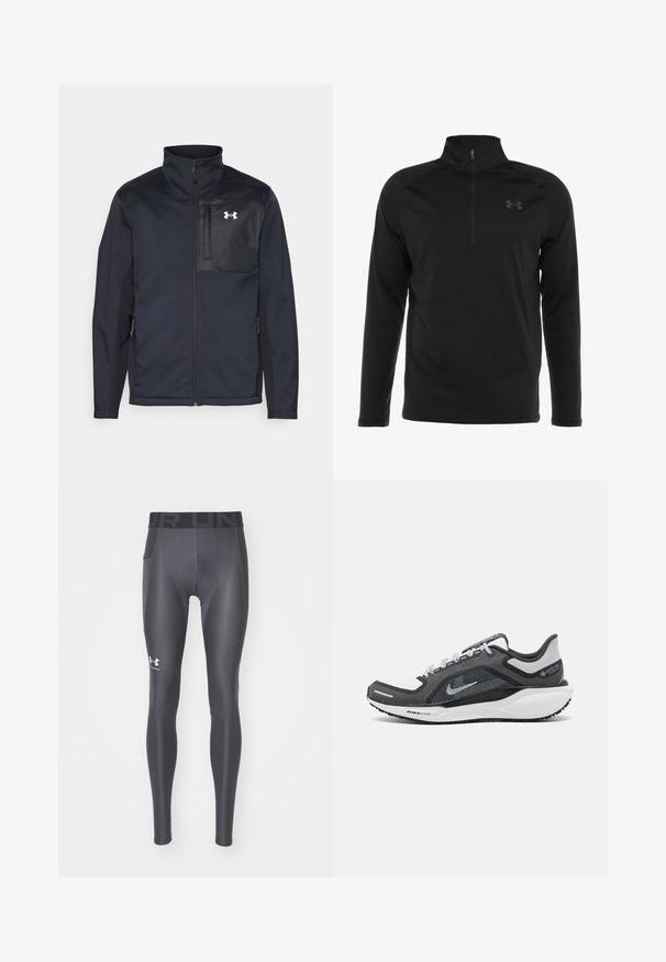 Juodas ilgomis rankovėmis švarkas su aukštu apykakle, užsegamas priekyje užtrauktuku, su šoninėmis kišenėmis ir kontrastingu juodu krūtinės skyriumi su logotipu.; Juodas ilgas rankovėmis puloveris su pusiau užtrauktuku, pagamintas iš lygaus, elastingo audinio, su subtiliu logotipu ant krūtinės.; Pilkos sportinės kelnės, pagamintos iš lygaus, tampraus audinio, su plačiu juodu diržu ir maža balta logotipu ant apatinės kojos.; Juodas ir pilkas sportinis batelis su tinkleliu viršuje, atspindinčiais akcentais ir balta vidurinė dalimi. Yra tekstūruota guminė išorinė pada ir raišteliai.