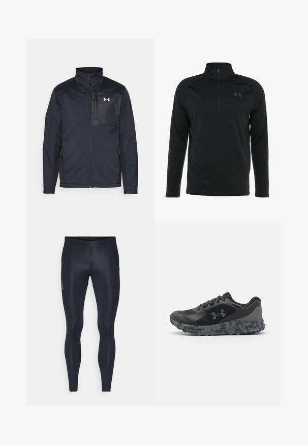Long-sleeve black jacket with a high collar, featuring a front zipper, side pockets, and a contrasting black chest panel with a logo.; Black long-sleeve pullover shirt with a half-zip collar, made of smooth, stretchable fabric, featuring a subtle logo on the chest.; Leggings made from stretchy, lightweight fabric in solid black. Features a smooth surface, fitted design, and an elastic waistband.; Black athletic shoe with a textured upper, gray camo-patterned sole, and flat laces. Features the Under Armour logo on the side.
