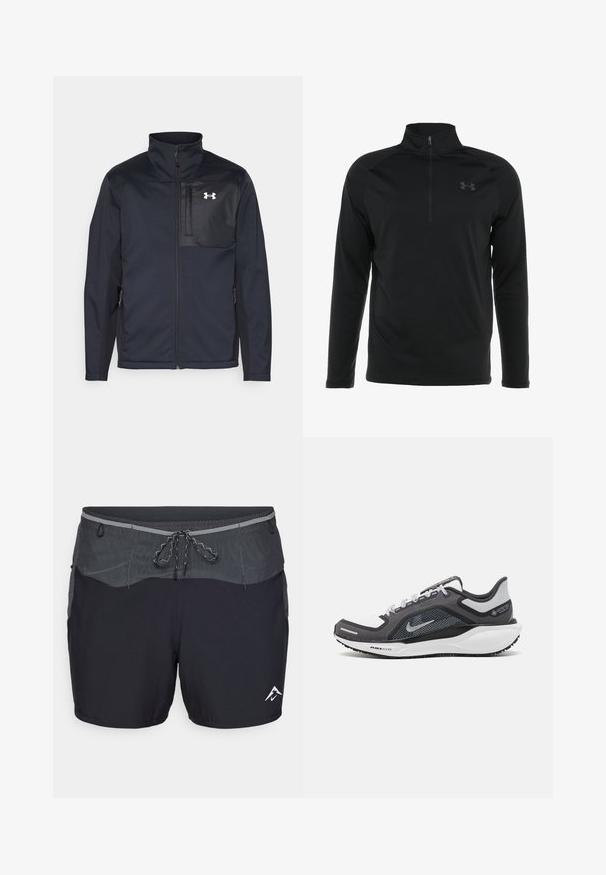 Pikkade varrukatega must jakk kõrge kraega, millel on ees tõmblukk, küljetaskud ja kontrastsest mustast kangast rinnapaneel logoga.; Must musta varrukatega pullover, millel on poole tõmblukuga kaelus, valmistatud siledast ja venivast kangast, millel on rindkere peene logo.; Mustad mustrid spordilühikesed, halli vöökohtaga, nööridega ja võrgusilma detailidega. Umbes alumises paremas nurgas on valge logo. Kerge kangas.; Mustern ja hallide värvusega spordijalats, millel on võrgusilmast ülemine osa, peegeldavad aktsendid ja valge vaheosa. Omab tekstuuriga kummist välisosa ja kingapaelu.