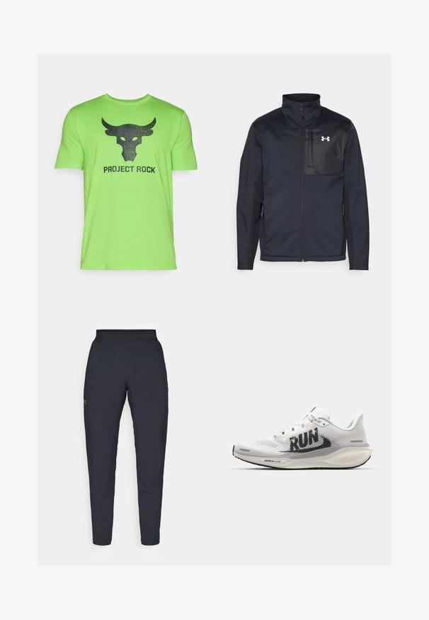 Pitkähiha musta takki, jossa on korkea kaulus, etuvetoketju, sivutaskut ja erottuva musta rintapaneeli logolla.; Under Armour BRAHMA BULL - Printtipaita - cyber green/black; Mustat urheiluhousut, joissa on sileä pinta, kapea malli, joustava vyötäkuja ja sivutaskut. Vasemmassa reisissä on pieni logo.; Valkoiset juoksukengät, joissa on verkkokangasosa, suuri musta "RUN" -grafiikka, vaaleanharmaat yksityiskohdat ja pehmeä pohja, jossa on "AIR 200M" -brändäys.