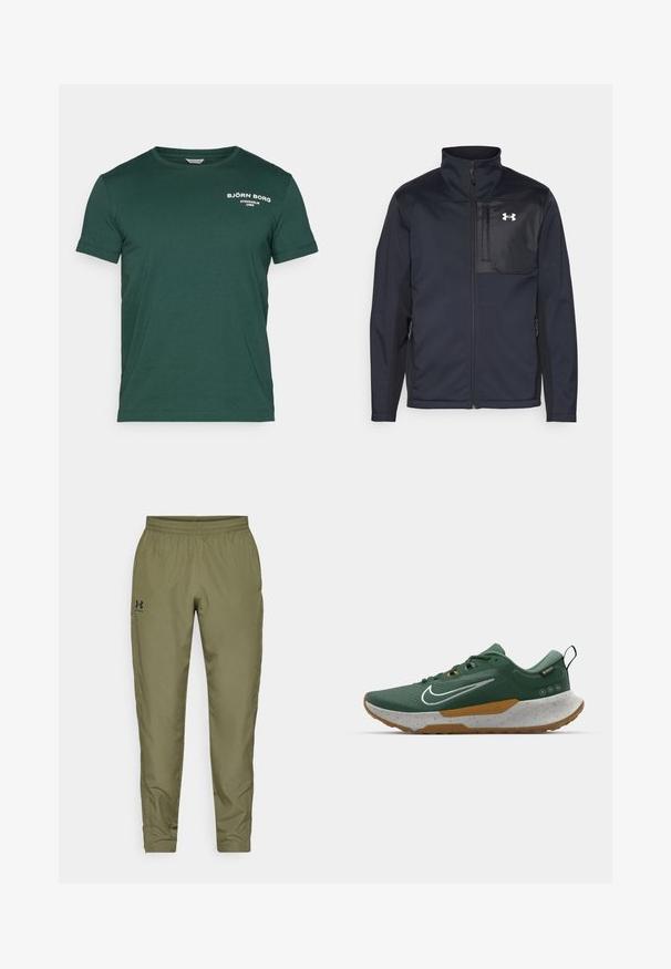 Melna ilga piedurkne jaka ar augstu apkakli, ar priekšējo rāvējslēdzēju, sānu kabatām un kontrastējošu melnu krūšu paneli ar logo.; Tumši zaļa kokvilnas T-kreklu ar apaļu kakla izgriezumu, īsām piedurknēm un balto uzdrukāto logotipu "BJÖRN BORG STOCKHOLM 1986" augšējā kreisajā pusē.; Olive zaļi sporta bikses ar elastīgu jostu, sašaurinātiem gurniem, gludu tekstūru un mazu melnu logotipu kreisajā pusē.; Nike Performance JUNIPER - Krosa skriešanas apavi - fir/light silver/desert ochre/bright crimson/clay green/college grey