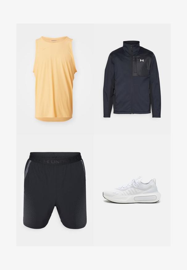 Langermet svart jakke med høy krage, med glidelås foran, sidelommer, og en kontrasterende svart brystpanel med et logo.; HOKA AIROLITE RUN TANK - Topper - solar flare; Svarte treningse shorts med elastisk midje, med grå sideakenter og et prikkete mønster nederst. Laget av pustende materiale.; Hvit atletisk sko med et teksturert strikket overdel, snøring, polstret såle og et distinkt merkeelement på siden.