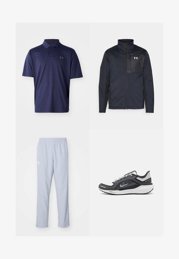 Zwarte lange mouwen jas met een hoge kraag, voorzien van een ritssluiting aan de voorkant, zijzakken en een contrasterend zwart borstpaneel met een logo.; Navyblauwe polo gemaakt van ademend materiaal, met een textuur van een geometrisch patroon en een drie-knops sluiting. Klein logo op de borst.; Lichtblauwe sportbroek met een elastische tailleband, zijzakken en ritsen bij de enkels. Heeft een wit logo op de linkerdij.; Zwarte en grijze sportschoen met een bovenwerk van mesh, reflecterende accenten en een witte tussenzool. Beschikt over een gestructureerde rubberen zool en veters.