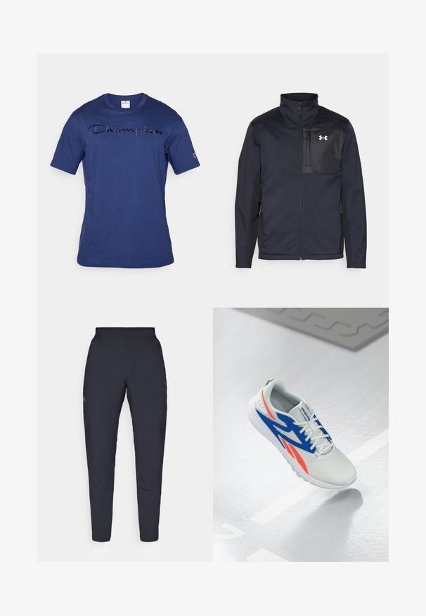 Hosszú ujjú fekete dzseki magas gallérral, elülső cipzárral, oldalsó zsebekkel és kontrasztos fekete mellpanellel, amely logót tartalmaz.; Tengerészkék pamut póló, amelyen texturált "Champion" logó látható a mellkasán, valamint hímzett logó a bal ujján. Rövid ujjú, kerek nyakú.; Fekete sportnadrág sima textúrával, karcsú szabással, rugalmas derékrésszel és oldalzsebekkel. A bal combján egy kis logó található.; Fehér sportcipő kék és piros részletekkel, megkötve, lebeg a világosszürke padló felett, a háttérben vonallal és szőnyeggel.
