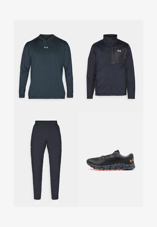 Juodas ilgomis rankovėmis švarkas su aukštu apykakle, užsegamas priekyje užtrauktuku, su šoninėmis kišenėmis ir kontrastingu juodu krūtinės skyriumi su logotipu.; Tamsiai mėlynas ilgas rankovėmis sportinis marškinėlis su pusiau užtraukiama apykakle, turintis mažą baltą logotipą ant krūtinės ir glotnią, lengvą medžiagą.; Juodos sportinės kelnės su lygiu paviršiumi, siauru siluetu, elastingu juosmeniu ir šoninėmis kišenėmis. Mažas logotipas yra kairėje šlaunyje.; Juodas sportinis batelis su tekstūruotu paviršiumi, pilkais akcentais, apelsiniais detalėmis, kamufliažo motyvo padu ir raištelių sistema, užtikrinančia tvirtą prigludimą.