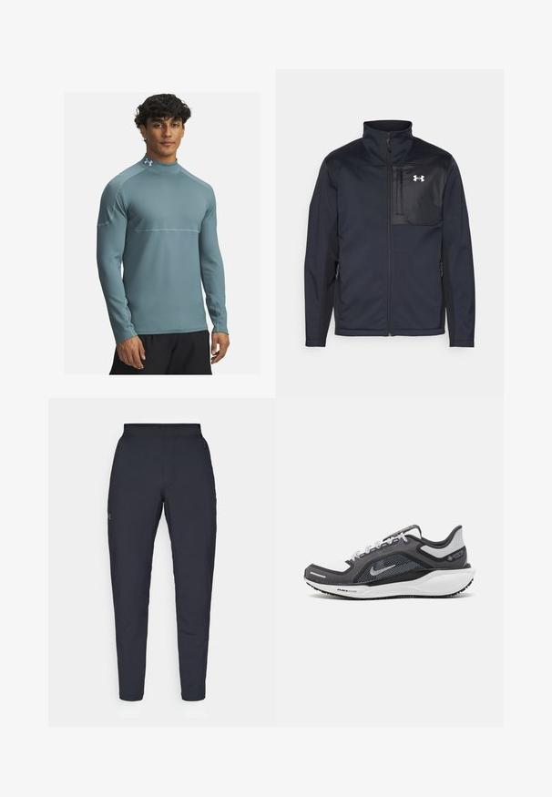 Long-sleeve black jacket with a high collar, featuring a front zipper, side pockets, and a contrasting black chest panel with a logo.; Light blue long-sleeve athletic shirt with a high collar, textured fabric, and contrasting stitching, worn by a man.; Black athletic pants with a smooth texture, slim fit, elastic waistband, and side pockets. Features a small logo on the left thigh.; Black and gray athletic shoe with a mesh upper, reflective accents, and a white midsole. Features textured rubber outsole and laces.