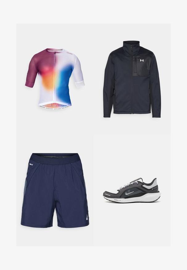 Chaqueta negra de manga larga con cuello alto, que cuenta con un cierre frontal, bolsillos laterales y un panel en el pecho de color negro en contraste con un logotipo.; Jersey de ciclismo de manga corta con un diseño de malla en degradado de colores púrpura, naranja y azul; cierre de cremallera y detalle impreso en el dobladillo.; Pantalones cortos deportivos de color azul marino con cintura elástica, bolsillos laterales y acentos en gris claro. Fabricados con tejido ligero y suave para mayor comodidad.; Zapatilla deportiva negro y gris con parte superior de malla, acentos reflectantes y una entresuela blanca. Presenta una suela de goma texturizada y cordones.