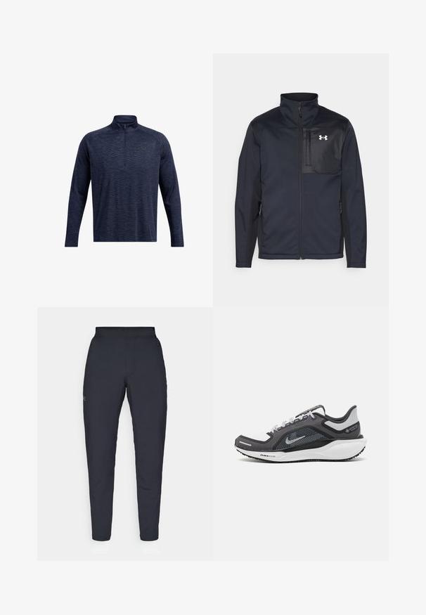 Long-sleeve black jacket with a high collar, featuring a front zipper, side pockets, and a contrasting black chest panel with a logo.; Navy quarter-zip long-sleeve pullover with a textured fabric, featuring a black logo on the chest and ribbed collar and cuffs.; Black athletic pants with a smooth texture, slim fit, elastic waistband, and side pockets. Features a small logo on the left thigh.; Black and gray athletic shoe with a mesh upper, reflective accents, and a white midsole. Features textured rubber outsole and laces.