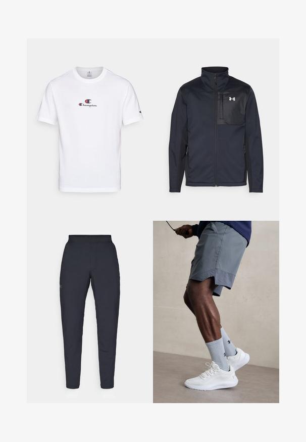 Long-sleeve black jacket with a high collar, featuring a front zipper, side pockets, and a contrasting black chest panel with a logo.; White cotton t-shirt with a crew neckline, featuring a red and blue "Champion" logo on the chest and a small logo on the sleeve.; Black athletic pants with a smooth texture, slim fit, elastic waistband, and side pockets. Features a small logo on the left thigh.; White athletic shoes with textured mesh upper, paired with light blue ribbed socks featuring a logo. Grey athletic shorts with perforated trim.