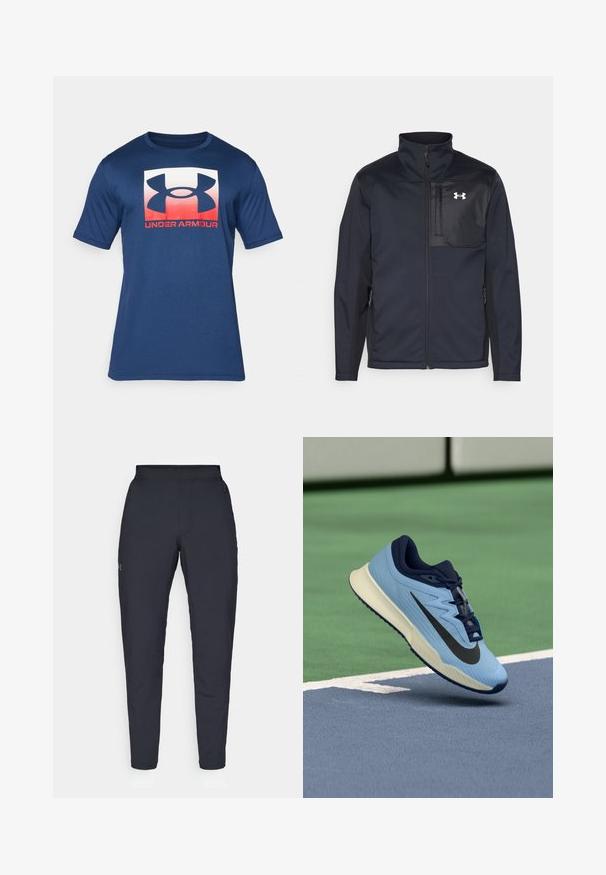 Casaco preto de mangas longas com gola alta, apresentando um fecho frontal, bolsos laterais e um painel peitoral preto em contraste com um logótipo.; T-shirt de manga curta azul-marinho, feito de tecido suave, com um grande logótipo branco e vermelho da Under Armour na frente.; Calças de desporto negras com uma textura suave, corte justo, cintura elástica e bolsos laterais. Apresenta um pequeno logótipo na coxa esquerda.; Shoe desportivo azul claro com realces em azul-marinho, parte superior em malha texturizada e logo Swoosh preto. Apresenta uma entressola acolchoada e sola de borracha.