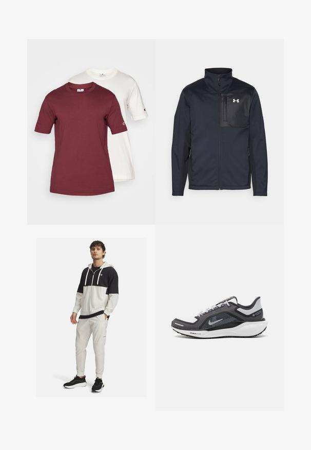 Chaqueta negra de manga larga con cuello alto, que cuenta con un cierre frontal, bolsillos laterales y un panel en el pecho de color negro en contraste con un logotipo.; Dos camisetas de manga corta apiladas; una color marrón y otra blanca. Ambas están hechas de algodón, cuentan con un cuello redondo y un logotipo en la manga.; Chaqueta deportiva con capucha en blanco y negro con cierre de cremallera; combinada con pantalones joggers blancos con bolsillos y puños elásticos; zapatillas negras.; Zapatilla deportiva negro y gris con parte superior de malla, acentos reflectantes y una entresuela blanca. Presenta una suela de goma texturizada y cordones.