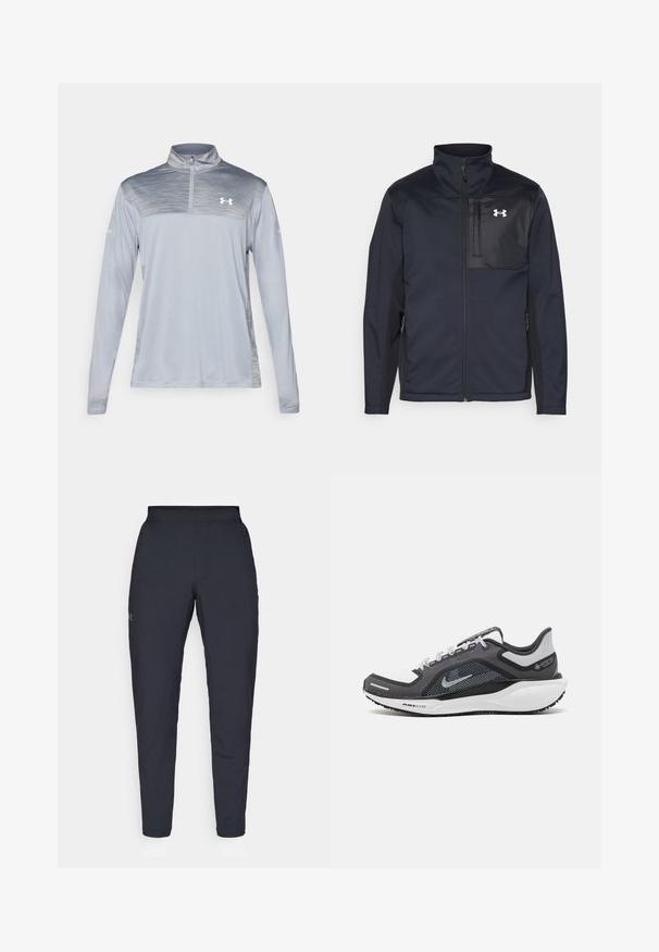Schwarze Jacke mit langen Ärmeln und hohem Kragen, ausgestattet mit einem Frontreißverschluss, Seitentaschen und einem kontrastierenden schwarzen Brustpanel mit einem Logo.; Hellgraues Performance-Shirt mit langen Ärmeln und einem Viertel-Reißverschluss-Hals, das ein strukturiertes Oberteil und dezente Markenkennung auf der Brust aufweist.; Schwarze Sporthose mit glatter Textur, schlankem Schnitt, elastischem Bund und seitlichen Taschen. Mit einem kleinen Logo auf dem linken Oberschenkel.; Schwarzer und grauer Sportschuh mit einem Mesh-Obermaterial, reflektierenden Akzenten und einer weißen Zwischensohle. Verfügt über eine strukturierte Gummisohle und Schnürsenkel.