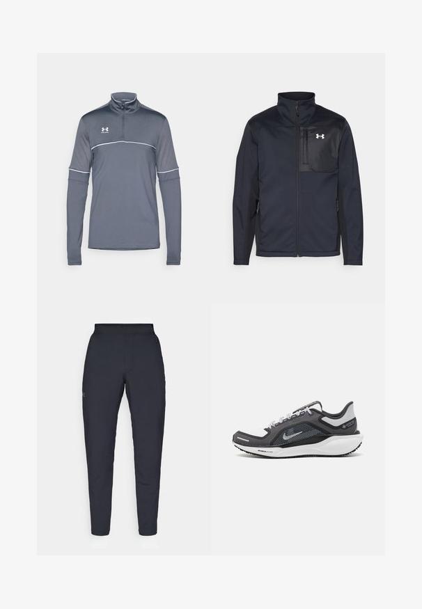 Hosszú ujjú fekete dzseki magas gallérral, elülső cipzárral, oldalsó zsebekkel és kontrasztos fekete mellpanellel, amely logót tartalmaz.; Szürke sportos, félcipzáras, hosszú ujjú felső, fehér díszítő vonallal, könnyű, lélegző anyagból készült. Bal mellkason logó található.; Fekete sportnadrág sima textúrával, karcsú szabással, rugalmas derékrésszel és oldalzsebekkel. A bal combján egy kis logó található.; Fekete és szürke sportcipő, hálós felsőrésszel, fényvisszaverő részletekkel és fehér középtalppal. A talpa texturált gumiból készült, és fűzőkkel rendelkezik.