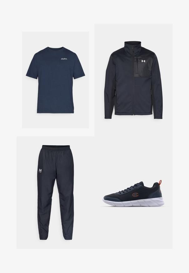 Langærmet sort jakke med høj krave, som har en frontlynlås, sidelommer og en kontrasterende sort brystpanel med et logo.; Mørkeblå bomulds T-shirt med korte ærmer. Har et lille hvidt broderet logo på venstre brystområde. Rund halsudskæring.; Sorte sportbukser med elastisk talje, tapered ben og et hvidt logo på siden. Fremstillet af letvægts, holdbart stof.; Champion JOLT - Træningssko - navy/koi