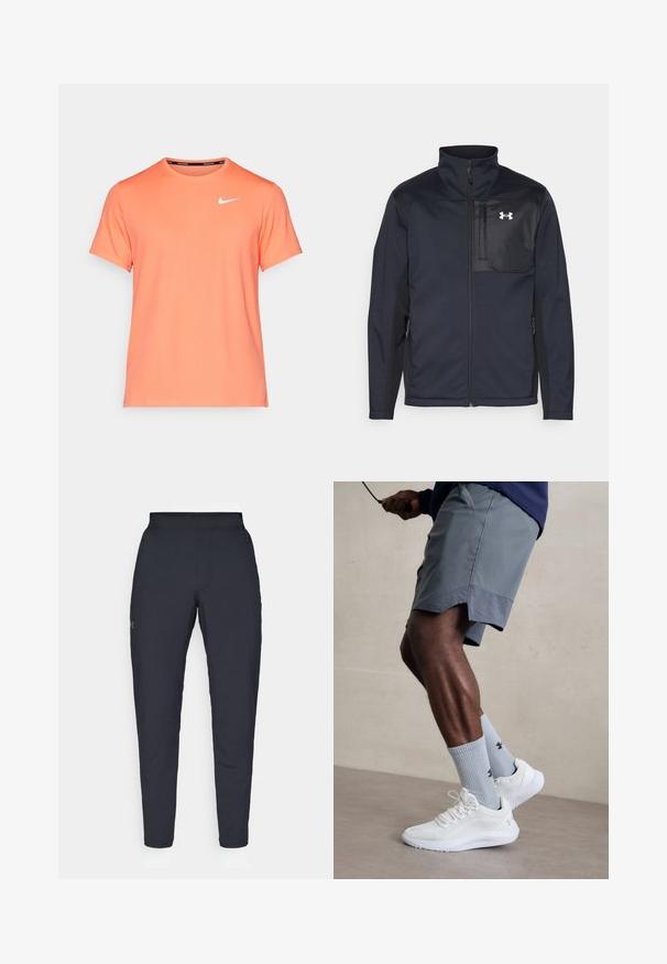 Chaqueta negra de manga larga con cuello alto, que cuenta con un cierre frontal, bolsillos laterales y un panel en el pecho de color negro en contraste con un logotipo.; Camiseta de manga corta y cuello redondo en un brillante color naranja coral, hecha de un tejido suave, con un pequeño logo blanco de Nike en el lado izquierdo del pecho.; Pantalones deportivos negros con una textura suave, corte ajustado, cinturilla elástica y bolsillos laterales. Presentan un pequeño logo en el muslo izquierdo.; Zapatillas deportivas blancas con parte superior de malla texturizada, combinadas con calcetas de canalé azul claro que cuentan con un logo. Pantalones cortos deportivos grises con borde perforado.