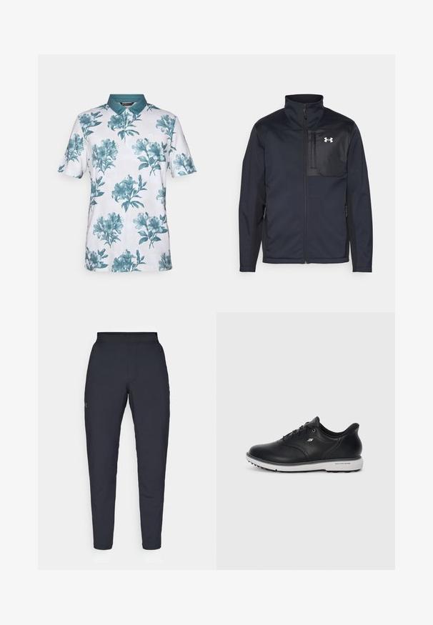 Melna ilga piedurkne jaka ar augstu apkakli, ar priekšējo rāvējslēdzēju, sānu kabatām un kontrastējošu melnu krūšu paneli ar logo.; Krūšturis ar īsām piedurknēm, izgatavots no baltas auduma ar tirkīza ziedu rakstu. Aprīkots ar tirkīza apkakli un trīs pogu aizdari.; Melnas sporta bikses ar gludu tekstūru, šauru piegriezumu, elastīgu jostu un sānu kabatām. Uz kreisā augšstilba ir mazs logs.; Melna ādas kurpju tipa Sneaker no Skechers ar baltu zoli, sānu logo un teksturētu virsmu uz zoles, uz vienkārša gaiša fona.