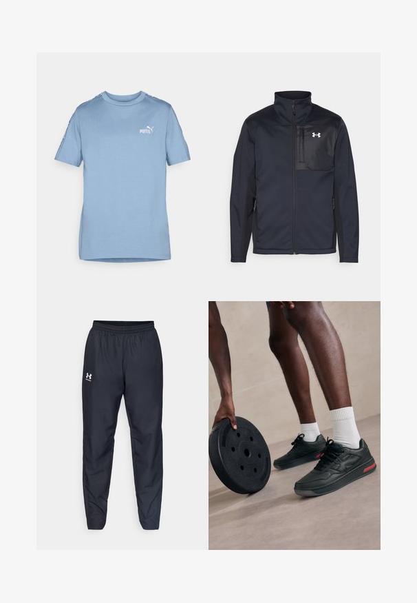 Pitkähiha musta takki, jossa on korkea kaulus, etuvetoketju, sivutaskut ja erottuva musta rintapaneeli logolla.; Vaaleansininen puuvillapaita lyhyillä hihoilla, pyöreällä pääntiellä ja valkoisella Puma-logolla rinnassa. Olkapäillä on kuvioituja yksityiskohtia.; Mustat urheiluhousut, joissa on joustava vyötärö, kapeat lahkeet ja valkoinen logo sivussa. Valmistettu kevyestä, kestävästä kankaasta.; Mustat urheilukengät, jotka on valmistettu nahasta, jossa on teksturoitu pinta ja punaiset yksityiskohdat, valkoisten nilkkasukkien kanssa, mustan painolautan vieressä.