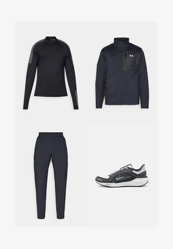 Schwarze Jacke mit langen Ärmeln und hohem Kragen, ausgestattet mit einem Frontreißverschluss, Seitentaschen und einem kontrastierenden schwarzen Brustpanel mit einem Logo.; Schwarz langärmliges Sportoberteil mit einem Viertelreißverschluss und grauen Schultereinsätzen. Mit "PeakPerformance"-Text auf dem linken Ärmel.; Schwarze Sporthose mit glatter Textur, schlankem Schnitt, elastischem Bund und seitlichen Taschen. Mit einem kleinen Logo auf dem linken Oberschenkel.; Schwarzer und grauer Sportschuh mit einem Mesh-Obermaterial, reflektierenden Akzenten und einer weißen Zwischensohle. Verfügt über eine strukturierte Gummisohle und Schnürsenkel.