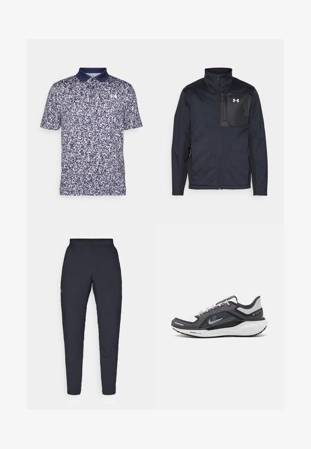 Casaco preto de mangas longas com gola alta, apresentando um fecho frontal, bolsos laterais e um painel peitoral preto em contraste com um logótipo.; Polo de manga curta azul-escuro com um padrão floral em rosa e branco. Apresenta um colarinho de cor sólida e um pequeno logótipo no peito.; Calças de desporto negras com uma textura suave, corte justo, cintura elástica e bolsos laterais. Apresenta um pequeno logótipo na coxa esquerda.; Sapatilha atlética preta e cinza com parte superior em malha, detalhes reflexivos e uma entressola branca. Apresenta uma sola de borracha texturizada e atacadores.