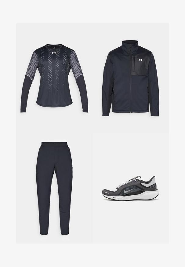 Schwarze Jacke mit langen Ärmeln und hohem Kragen, ausgestattet mit einem Frontreißverschluss, Seitentaschen und einem kontrastierenden schwarzen Brustpanel mit einem Logo.; Langärmliges Sportshirt in Schwarz mit einem strukturierten grauen Muster und grauen Akzenten. Hergestellt aus leichtem, feuchtigkeitsableitendem Material.; Schwarze Sporthose mit glatter Textur, schlankem Schnitt, elastischem Bund und seitlichen Taschen. Mit einem kleinen Logo auf dem linken Oberschenkel.; Schwarzer und grauer Sportschuh mit einem Mesh-Obermaterial, reflektierenden Akzenten und einer weißen Zwischensohle. Verfügt über eine strukturierte Gummisohle und Schnürsenkel.