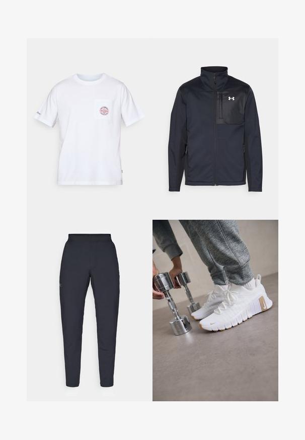 Pikkade varrukatega must jakk kõrge kraega, millel on ees tõmblukk, küljetaskud ja kontrastsest mustast kangast rinnapaneel logoga.; Valge puuvillane T-särk, millel on ümmargune kaelus, lühikesed varrukad ja eesmine tasku, kus on punase ja sinise logo kujundus. Tavaline lõige.; Mustad mustreid spordipüksid, millel on sile tekstuur, kitsas lõige, elastne vöökoht ja küljetaskud. Vasakule reiele on tikandatud väike logo.; Valged sportlikud jalanõud tekstuuriga ülemise osa, lame kummitald ja heledat pruuni aktsentidega. Eesotsas hõbedased hantlid. Näha on hallid spordipüksid.