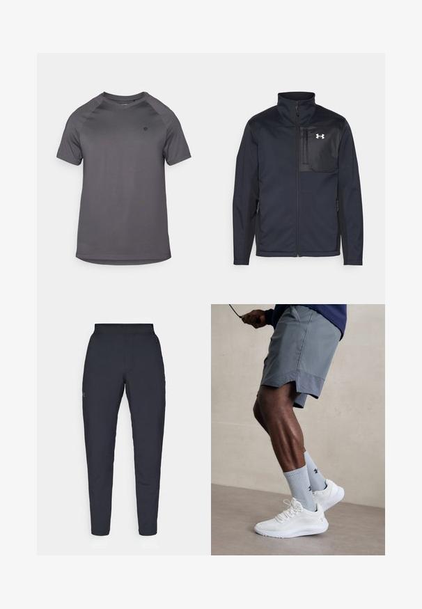 Pitkähiha musta takki, jossa on korkea kaulus, etuvetoketju, sivutaskut ja erottuva musta rintapaneeli logolla.; Harmaa urheilupaita, jossa on pyöreä pääntie, lyhyet raglan-hihat ja sileä pinta. Paidassa on logo vasemmalla puolella.; Mustat urheiluhousut, joissa on sileä pinta, kapea malli, joustava vyötäkuja ja sivutaskut. Vasemmassa reisissä on pieni logo.; Valkoiset urheilukengät, joissa on karkea verkkomateriaali, yhdessä vaaleansinisten ribattujen sukkien kanssa, joissa on logo. Harmaat urheiluhousut, joissa on rei'itetty reunus.