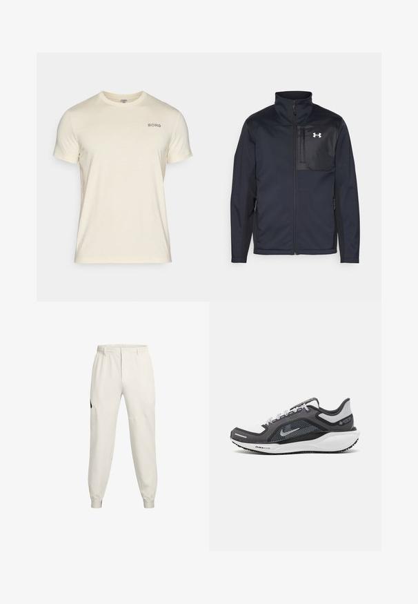 Langærmet sort jakke med høj krave, som har en frontlynlås, sidelommer og en kontrasterende sort brystpanel med et logo.; Kortærmet creme t-shirt lavet af blødt stof, med rund hals og et lille "BORG" logo broderet på venstre bryst.; Lys beige joggingbukser med elastisk talje, sidelommer og ribbede manchetter; har en sort logoaccent på venstre hoft.; Sort og grå atletisk sko med en mesh-overdel, reflekterende detaljer og en hvid mellemsål. Har en tekstureret gummisål og snørebånd.
