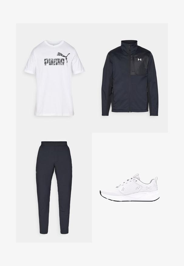 Melna ilga piedurkne jaka ar augstu apkakli, ar priekšējo rāvējslēdzēju, sānu kabatām un kontrastējošu melnu krūšu paneli ar logo.; Balts īsām piedotā krekls, kas izgatavots no kokvilnas, ar lielu kamuflāžas raksta "PUMA" logo un lēciena puma grafiku virs tā.; Melnas sporta bikses ar gludu tekstūru, šauru piegriezumu, elastīgu jostu un sānu kabatām. Uz kreisā augšstilba ir mazs logs.; Baltas sporta apavi ar elpojošu sietu augšdaļu, gumijas zoli, strukturētām paneļu detaļām un logo uz papēža. Aprīkoti ar auklām.