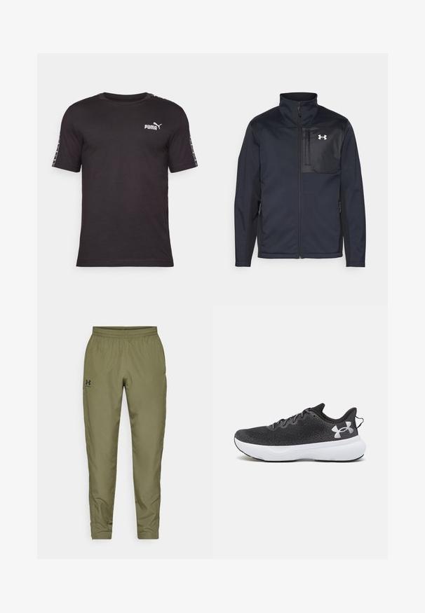 Pitkähiha musta takki, jossa on korkea kaulus, etuvetoketju, sivutaskut ja erottuva musta rintapaneeli logolla.; Musta lyhythihainen t-paita, joka on valmistettu puuvillasta. Siinä on pyöreä kaula-aukko, PUMA-logo rinnassa ja kuviolliset yksityiskohdat hihnoissa.; Olivinvihreät urheiluhousut, joissa on joustava vyötärö, kapenevat lahkeet, sileä pinta ja pieni musta logo vasemmalla puolella.; Mustat urheilukengät, joissa on teksturoitu verkkopinta, valkoinen vaimennussole ja mustat nauhat, joissa on näkyvä valkoinen logo kantapäässä.