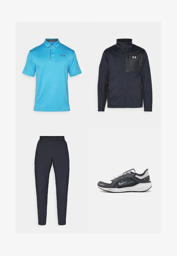 Long-sleeve black jacket with a high collar, featuring a front zipper, side pockets, and a contrasting black chest panel with a logo.; Blue polo shirt made of textured fabric, featuring a collar, three-button placket, and a small black logo on the left chest.; Black athletic pants with a smooth texture, slim fit, elastic waistband, and side pockets. Features a small logo on the left thigh.; Black and gray athletic shoe with a mesh upper, reflective accents, and a white midsole. Features textured rubber outsole and laces.