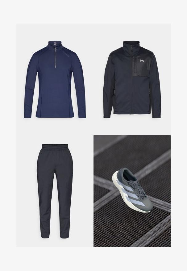 Hosszú ujjú fekete dzseki magas gallérral, elülső cipzárral, oldalsó zsebekkel és kontrasztos fekete mellpanellel, amely logót tartalmaz.; Tengerészkék, hosszú ujjú, félzipzáros pulóver sima, rugalmas anyagból. Kontrasztos varrásokkal és magas gallérral rendelkezik, amelyen márkás címke található.; Tengerészkék, lágy anyagból készült, tapered fazonú nadrág, elasztikus derékkal, oldalsó zsebekkel és sima textúrával, finom varrási részletekkel.; Szürke és fehér sportcipő, szintetikus anyagból, áramvonalas kialakítással, texturált felülettel és hangsúlyos fűzőrendszerrel.