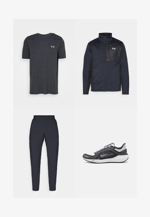 Jachetă neagră cu mâneci lungi, cu guler înalt, având un fermoar frontal, buzunare laterale și un panou central contrastant negru cu un logo.; Tricou negru cu mânecă scurtă, cu un model în grilă, guler rotund și logo pe piept. Fabricat dintr-un material respirabil, cu o textură netedă și o croială lejeră.; Pantaloni sportivi negri cu o textură fină, croială slim, talie elastică și buzunare laterale. Prezentă un mic logo pe coapsa stângă.; Încălțăminte sport neagră și gri, cu partea superioară din plasă, accente reflectorizante și o talpă intermediară albă. Dispune de o talpă din cauciuc texturat și șireturi.