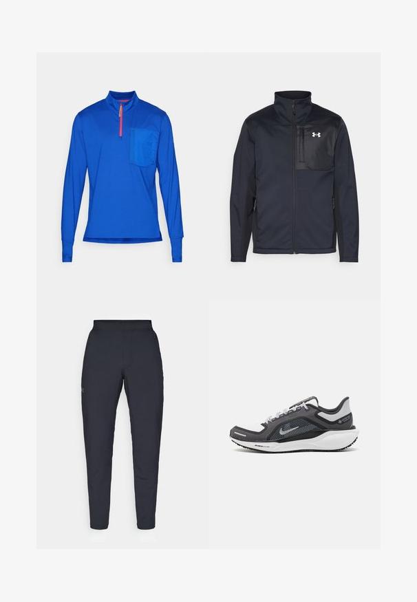 Černá bunda s dlouhými rukávy a vysokým límcem, která má přední zip, boční kapsy a kontrastní černou hrudní část s logem.; Tričků s dlouhým rukávem a polovičním zipem v jasně modré látce. Obsahuje kapsu na hrudi a kontrastní červený zip. Hladká textura, atletický střih.; Černé sportovní kalhoty s hladkou texturou, slim fit, elastickým pasem a bočními kapsami. Na levém stehně je umístěno malé logo.; Černá a šedá sportovní obuv s vrškem z prodyšné síťoviny, reflexními akcenty a bílou mezipodešví. Obsahuje texturovanou gumovou podrážku a tkaničky.