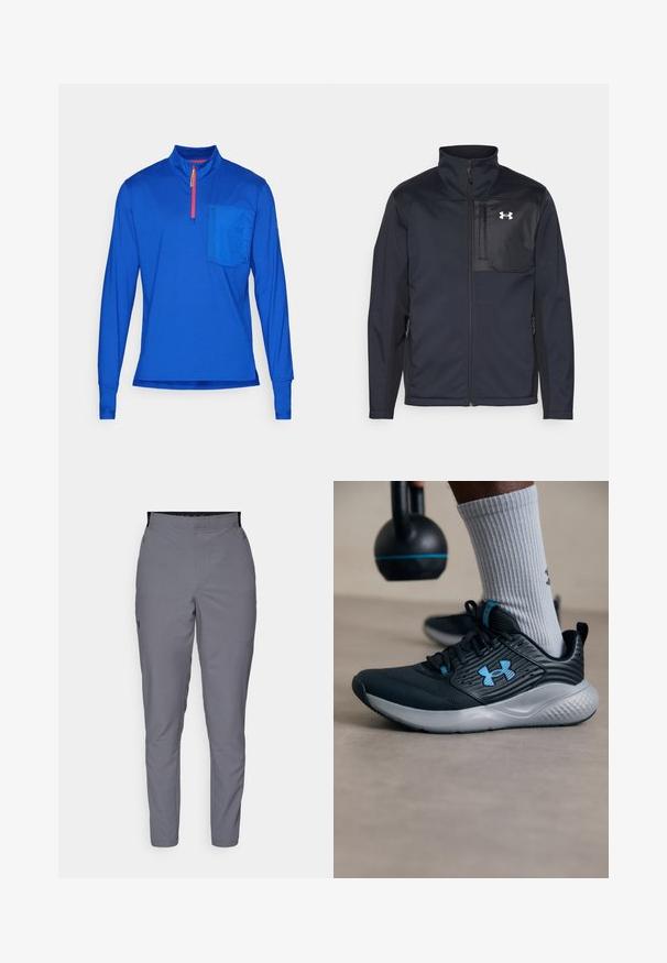 Černá bunda s dlouhými rukávy a vysokým límcem, která má přední zip, boční kapsy a kontrastní černou hrudní část s logem.; Tričků s dlouhým rukávem a polovičním zipem v jasně modré látce. Obsahuje kapsu na hrudi a kontrastní červený zip. Hladká textura, atletický střih.; Šedé zúžené kalhoty s hladkým povrchem, elastickým pasem a bočními kapsami. Na levém stehně se nachází malé logo.; Černá sportovní obuv s modrými akcenty, texturovaným svrškem a šedou podrážkou. Nosená se šedými žebrovanými ponožkami, vedle černého kettlebellu.