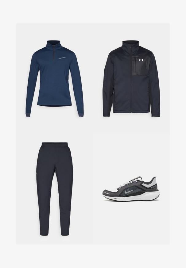 Veste noire à manches longues avec un col montant, dotée d'un zip avant, de poches latérales et d'un panneau central noir contrastant avec un logo.; Pull-over à manches longues bleu marine avec col zippé, fabriqué en tissu doux. Présente un design de panneaux diagonaux et un logo discret sur la poitrine.; Pantalons de sport noirs avec une texture lisse, coupe slim, taille élastique et poches latérales. Présente un petit logo sur la cuisse gauche.; Baskets de sport noires et grises avec un empeigne en maille, des accents réfléchissants et un intermédiaire blanc. Comprend une semelle extérieure en caoutchouc texturé et des lacets.