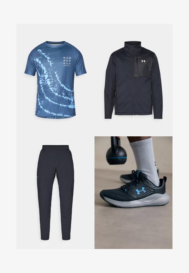 Pitkähiha musta takki, jossa on korkea kaulus, etuvetoketju, sivutaskut ja erottuva musta rintapaneeli logolla.; Sininen tikkari-tyylinen lyhythihainen t-paita, joka on valmistettu kevyestä kankaasta. Ominaisuuksiin kuuluu spiraalimainen kuvio ja "RUN"-teksti valkoisena edessä.; Mustat urheiluhousut, joissa on sileä pinta, kapea malli, joustava vyötäkuja ja sivutaskut. Vasemmassa reisissä on pieni logo.; Mustat urheilukengät sinisillä yksityiskohdilla, teksturoitu pinta ja harmaa pohja. Vaatteena harmaat ribbited socksit, mustan kettlebellin vieressä.