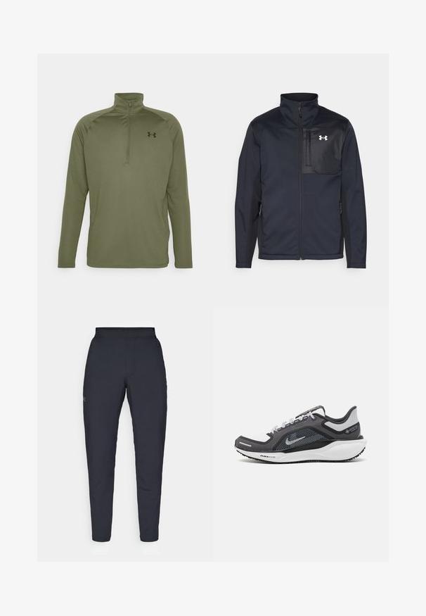 Juodas ilgomis rankovėmis švarkas su aukštu apykakle, užsegamas priekyje užtrauktuku, su šoninėmis kišenėmis ir kontrastingu juodu krūtinės skyriumi su logotipu.; Žaliojo olivų spalvos zip-up ilgomis rankovėmis marškiniai, pagaminti iš lygaus, tampraus audinio. Yra aukštas apykaklės dizainas ir mažas juodas logotipas ant krūtinės.; Juodos sportinės kelnės su lygiu paviršiumi, siauru siluetu, elastingu juosmeniu ir šoninėmis kišenėmis. Mažas logotipas yra kairėje šlaunyje.; Juodas ir pilkas sportinis batelis su tinkleliu viršuje, atspindinčiais akcentais ir balta vidurinė dalimi. Yra tekstūruota guminė išorinė pada ir raišteliai.