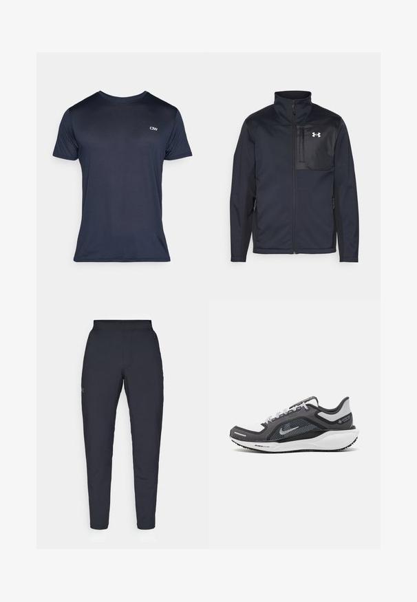 Long-sleeve black jacket with a high collar, featuring a front zipper, side pockets, and a contrasting black chest panel with a logo.; Navy blue, short-sleeve t-shirt made from ribbed fabric, featuring a small logo on the upper left side and a classic crew neckline.; Black athletic pants with a smooth texture, slim fit, elastic waistband, and side pockets. Features a small logo on the left thigh.; Black and gray athletic shoe with a mesh upper, reflective accents, and a white midsole. Features textured rubber outsole and laces.