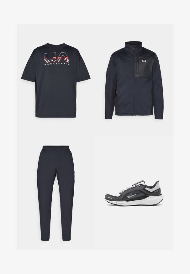 Černá bunda s dlouhými rukávy a vysokým límcem, která má přední zip, boční kapsy a kontrastní černou hrudní část s logem.; Černé tričko s krátkým rukávem a volným střihem, na přední straně s červeným a bílým grafickým textem "UA BASKETBALL". Jemná textilie.; Černé sportovní kalhoty s hladkou texturou, slim fit, elastickým pasem a bočními kapsami. Na levém stehně je umístěno malé logo.; Černá a šedá sportovní obuv s vrškem z prodyšné síťoviny, reflexními akcenty a bílou mezipodešví. Obsahuje texturovanou gumovou podrážku a tkaničky.