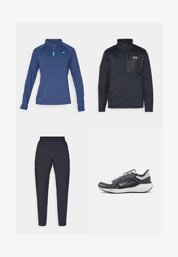Crna jakna dugih rukava s visokim ovratnikom, koja ima prednji patentni zatvarač, bočne džepove i kontrastnu crnu ploču na prsima s logotipom.; Mornarica dugih rukava atletski gornji dio s polu-zip ovratnikom, plavim naglascima, raglan rukavima i glatkim, laganim materijalom.; Crne sportske hlače s glatkom teksturom, uskih krojeva, elastičnim pojasom i bočnim džepovima. Imaju mali logo na lijevom bedru.; Crne i sive atletske cipele s mrežastim gornjim dijelom, reflektirajućim detaljima i bijelim među-djelom. Imaju strukturiranu gumenu potplate i vezice.
